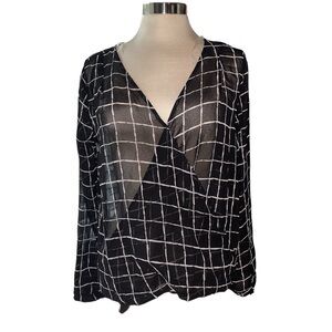Lush blouse sheer drape front high/low long sleeve deep V-neckline Sz medium NWT